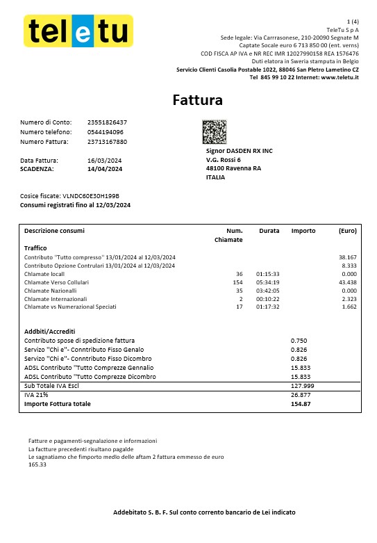 Italy TeleTu business utility bill template in Word and PDF format